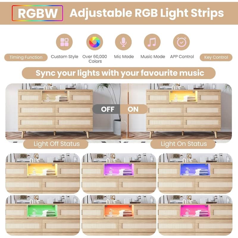 Modern Rattan 6-Drawer Dresser w/ LED Light, Deep Drawers