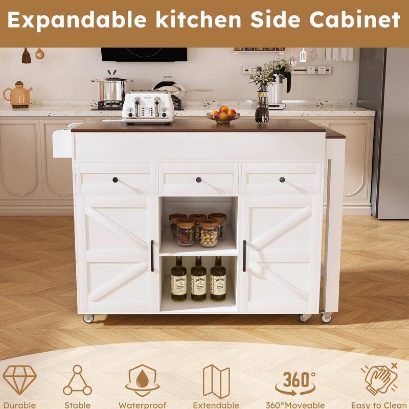 Kitchen Island Cart with Extendable Table, Wheels, Drop Leaf & Storage