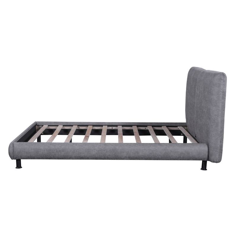 Gray Queen Size Upholstered Platform Bed with Two Large Headrests
