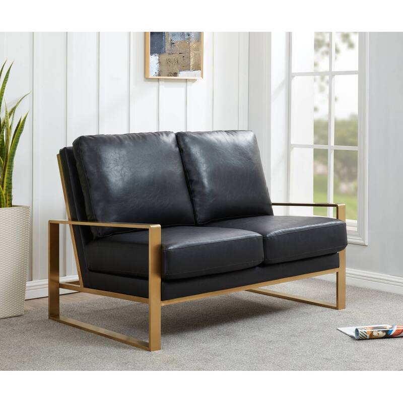 Jefferson Modern Leather/Velvet Loveseat Sofa with Silver/Gold Frame, Removable Cushions Couch for Home and Office
