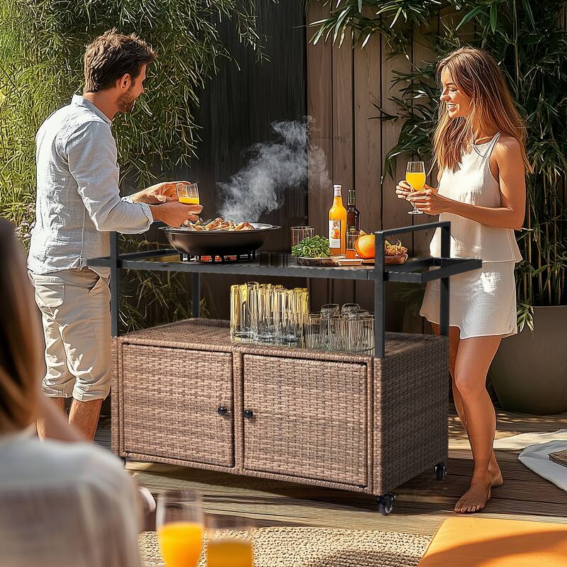 Outdoor Wicker Bar Cart Table with Storage and Wheels - 51.2" x 19.7" x 35.4"