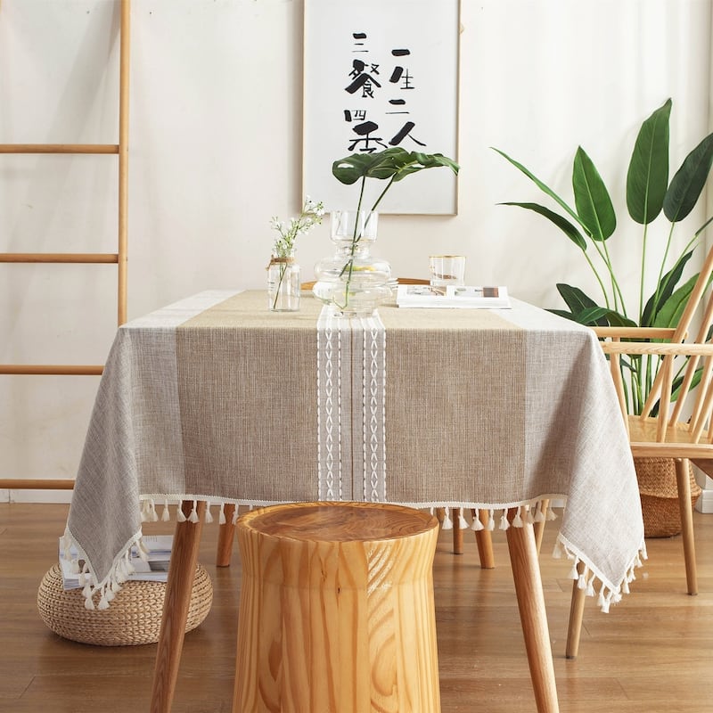 Enova Home Brown High Quality Rectangle Cotton and Linen Tablecloth with Tassels - 54" x 86"