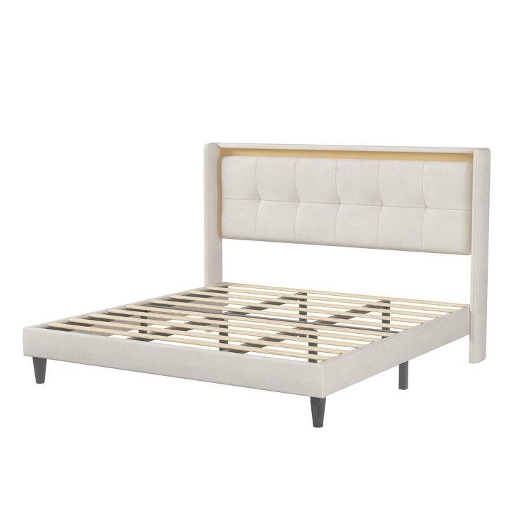 Upholstered Platform Bed with Headboard and Sturdy Wooden Slats