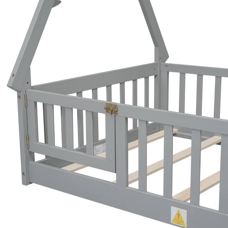 Twin Tent-shaped Floor Bed, Pine Fun Playhouse Bed Frames, With Guardrails, Slats, Door, House Bed Frame With Roof