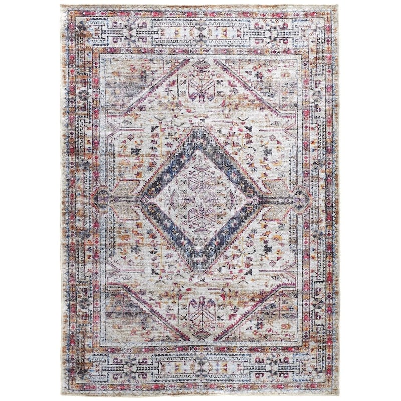 Grand Bazaar Melba Machine Made Medallion Transitional Area Rug - 7'-10" x 9'-10" - Mood Indigo/Warm Light Gray/Magenta Pink