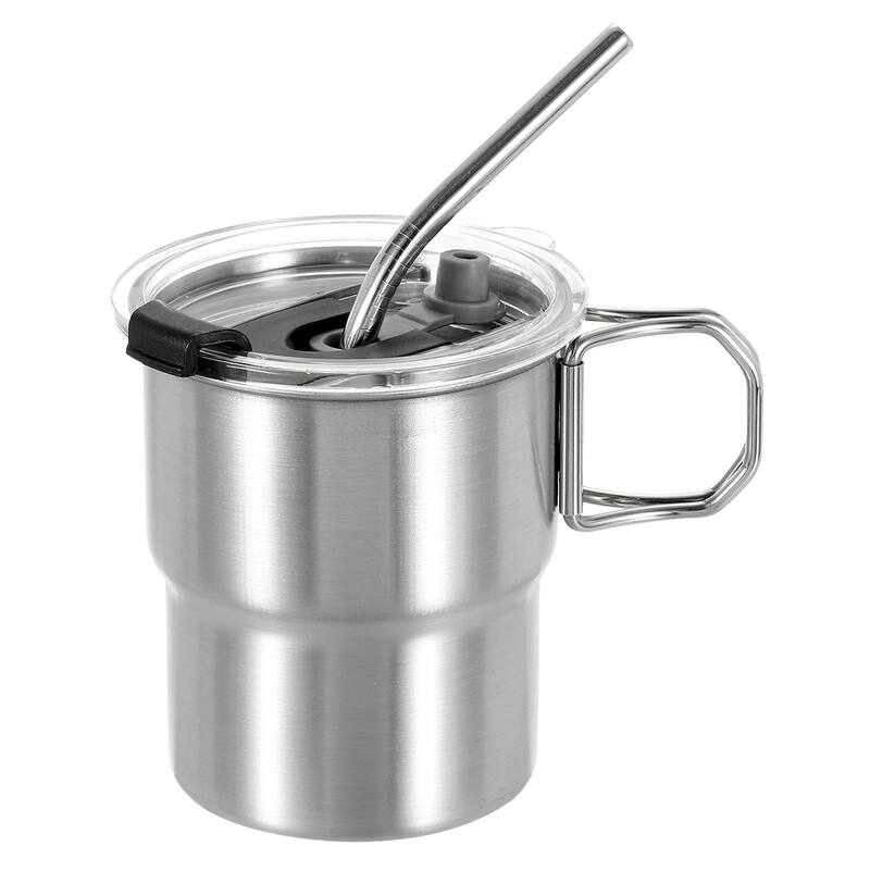 304 Stainless Steel Cup with Handle & Straw & Lid, 10oz Double Wall Water Cup - Silver