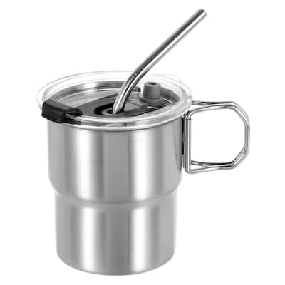 304 Stainless Steel Cup with Handle & Straw & Lid, 10oz Double Wall Water Cup - Silver