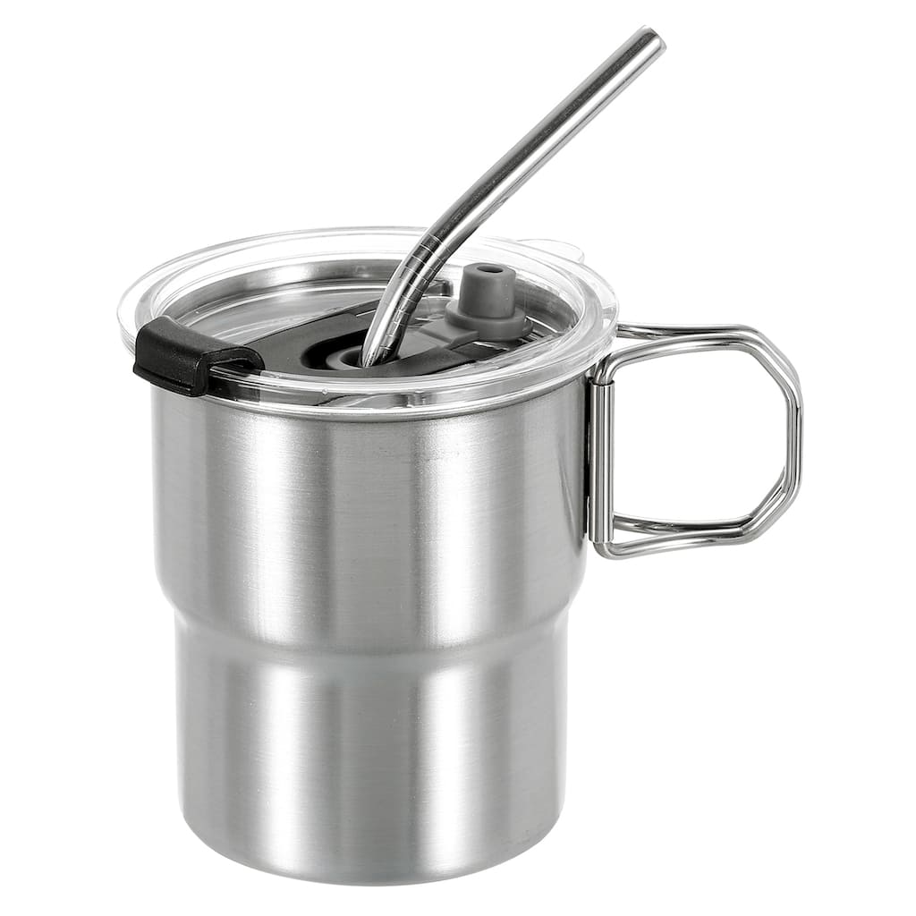 304 Stainless Steel Cup with Handle & Straw & Lid, 10oz Double Wall Water Cup - Silver