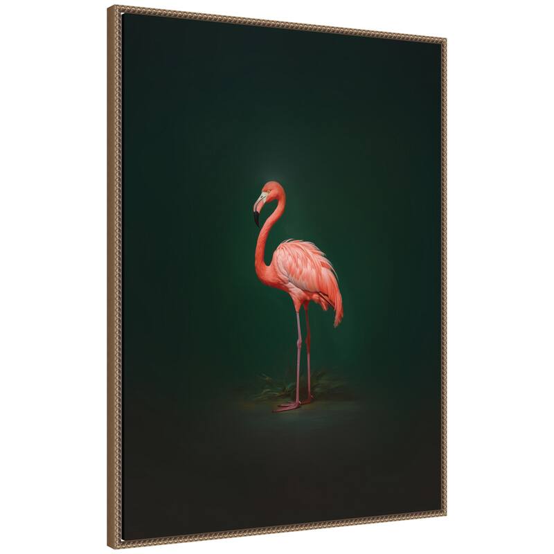 Kate and Laurel Flamingo Side View Rich Green Backdrop by The Creative Bunch Studio Framed Canvas Wall Art Print - 28 x 38 - Gold