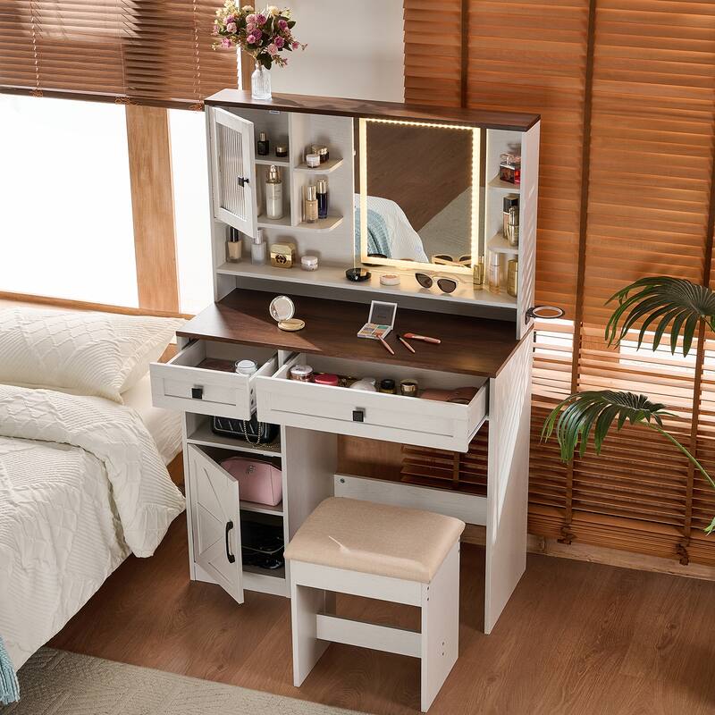Vanity Desk with Touch Control Light Mirror, Dressing Table Set with Charging Station & Stool, Large Makeup Vanity Table