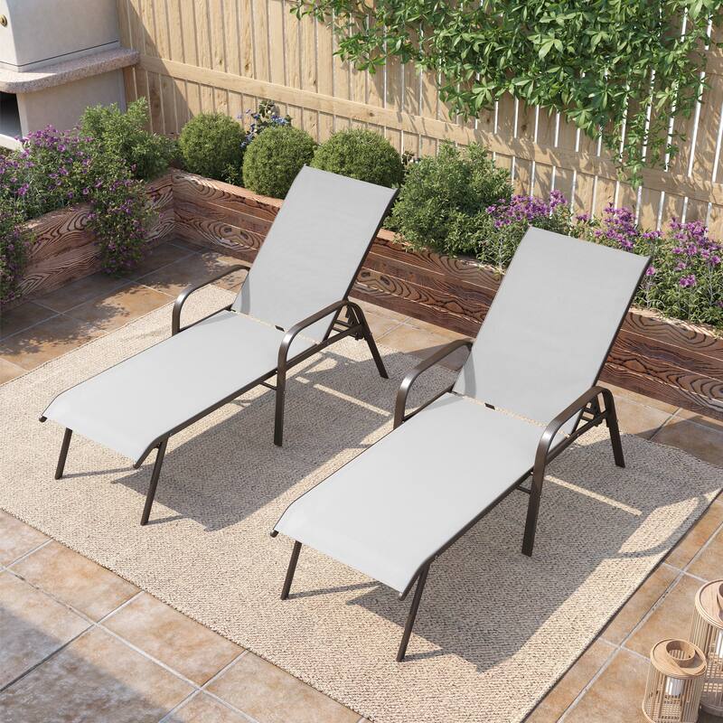 Pellebant Outdoor Adjustable Patio Chaise Lounge Chairs with Armrest Set of 2 - LightGrey