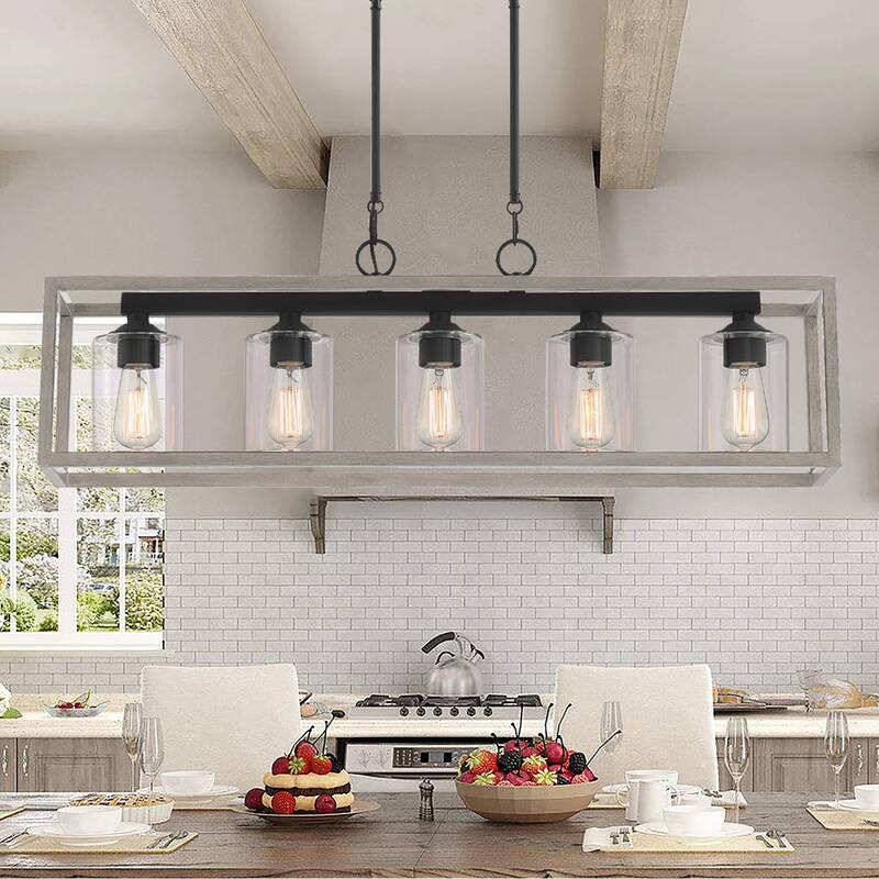 Allegray 5-light Farmhouse Rectangle Linear Chandelier for Dining Room - Driftwood