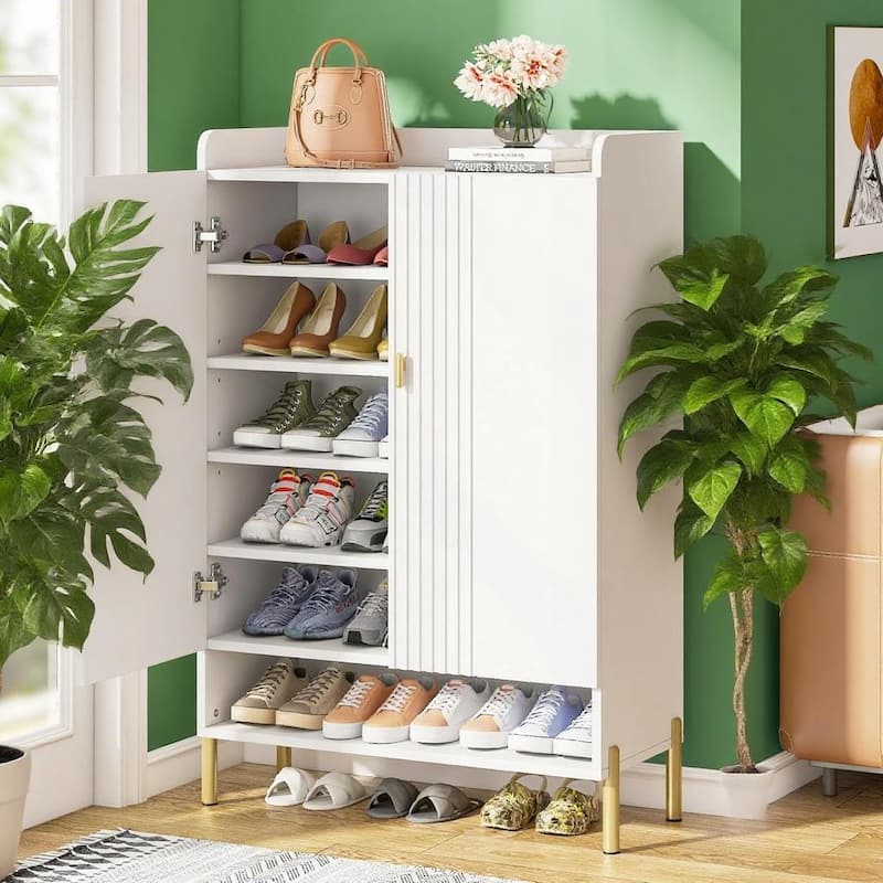 White and Gold 6-Tier Shoe Cabinet with Adjustable Shelves for Entryway or Bedroom Storage - 29.5" W x 13.8" D x 43.3" H