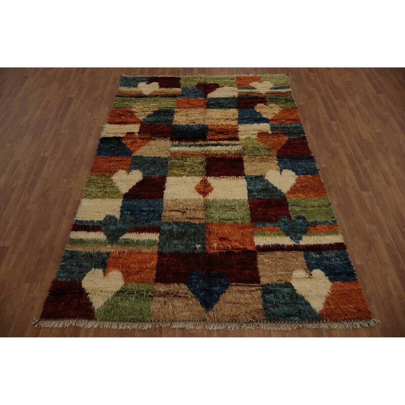 Hand Knotted Oriental 100% Wool Carpet Modern Geometric Multi-Colored Moroccan Area Rug - 9' 11'' X 6' 7''