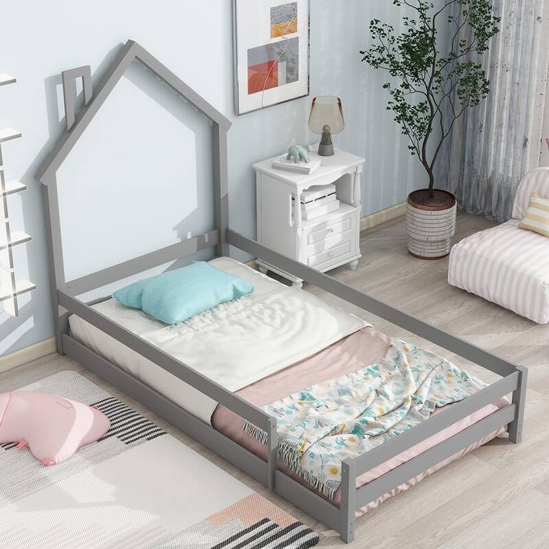 Pine Wood Floor Bed Frame with House Shaped Headboard Full-Length Guardrails Twin Size