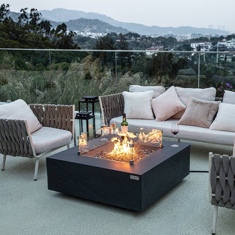 Elementi Plus Capertee Outdoor Fire Pit Table Concrete Square 60000 BTU - 40 x 40 inches with Lid, Fire Glass, and Cover