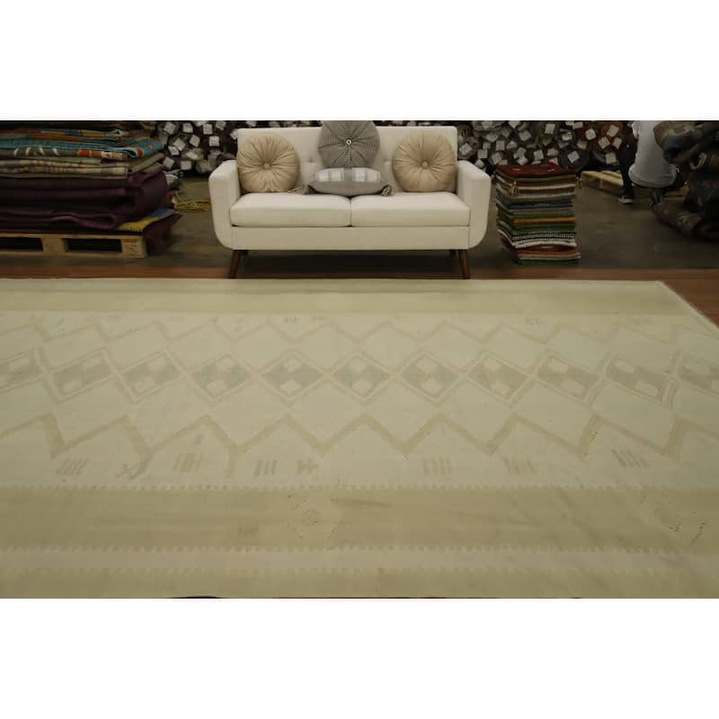 Hand Woven Oriental 100% Wool Carpet Southwestern Tribal Beige & Ivories Kilim Area Rug - 12' 10'' X 9' 9''