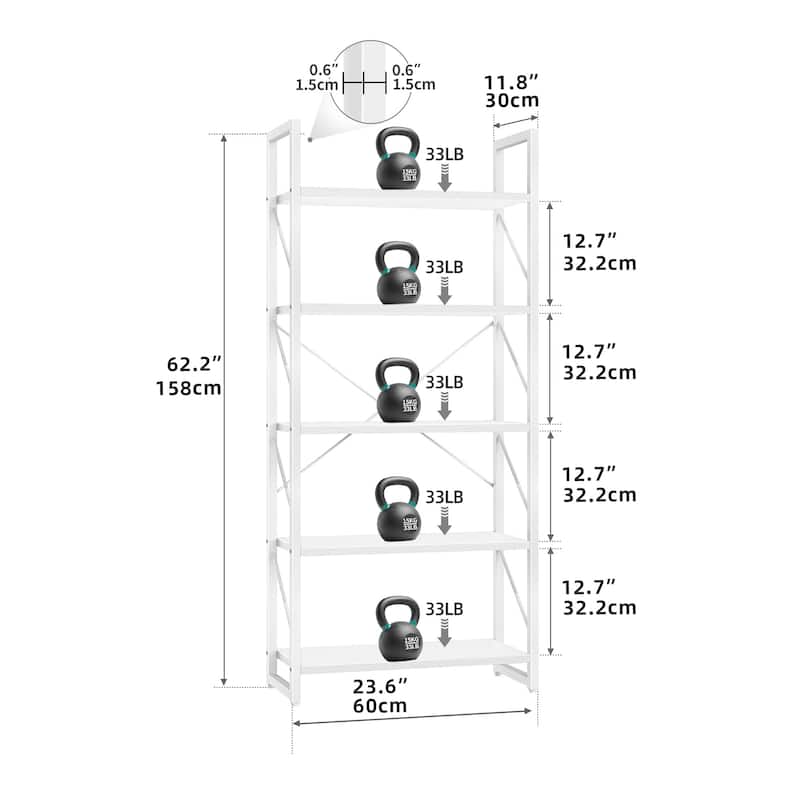 Moasis 62" Industrial Bookshelf, 5 Tier Rustic Wood Etagere Bookcase with Open Shelves