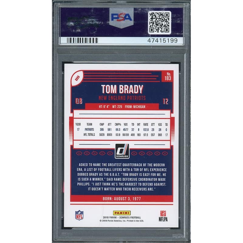 Tom Brady 2018 Panini Donruss Football Card #183 Graded PSA 10 GEM MINT - 8'6" x 11'6"