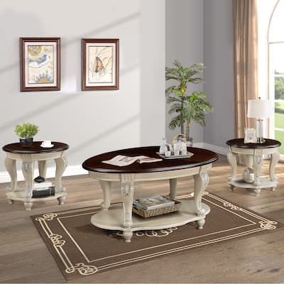 American Style Table Sets of 3, Coffee Table & End Tables Set with Beautiful Floral Carvings, Lower Shelf and Antiqued Finish