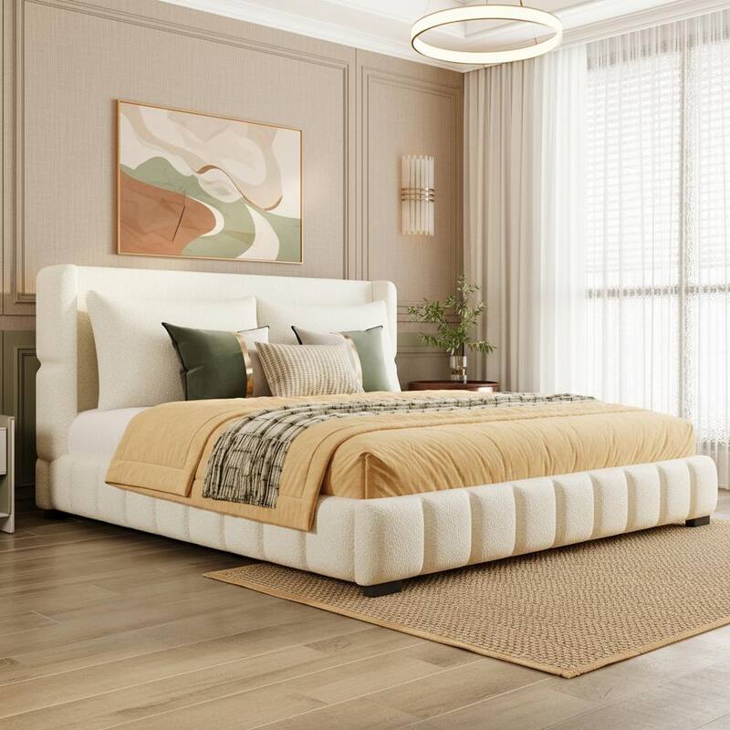 Upholstered Platform Bed with 2 Cushioned Pillows by Harper&Bright Designs - White - Queen