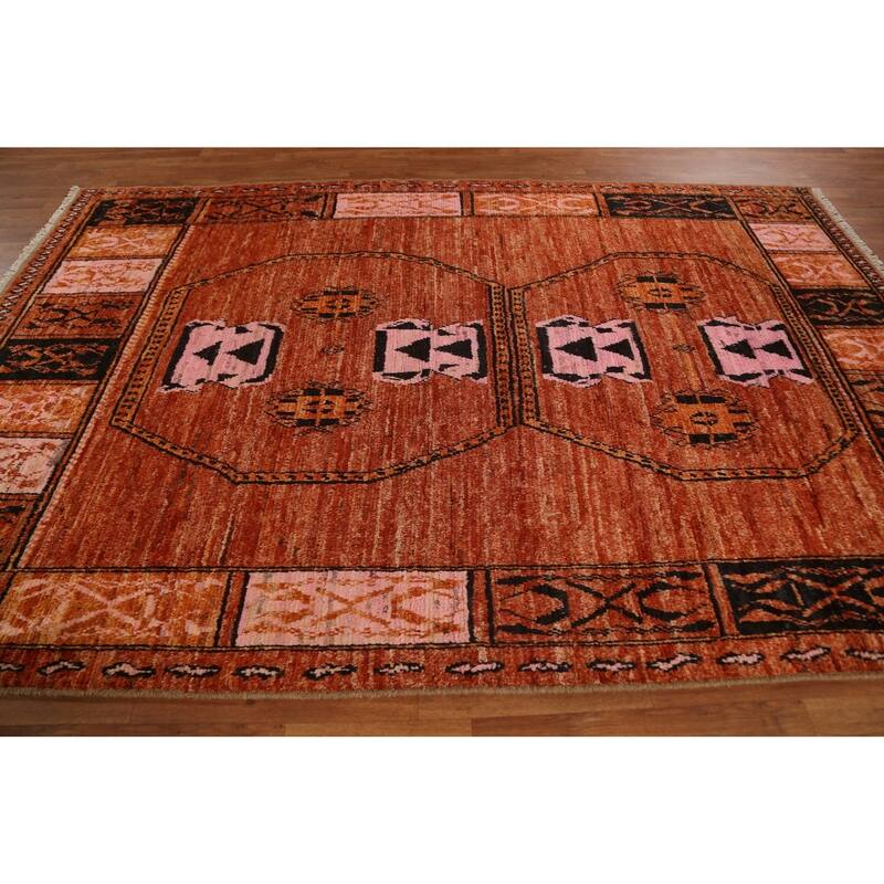 Hand Knotted Oriental 100% Wool Carpet Modern Tribal Oranges & Rust Moroccan Area Rug - 10' 2'' X 6' 8''