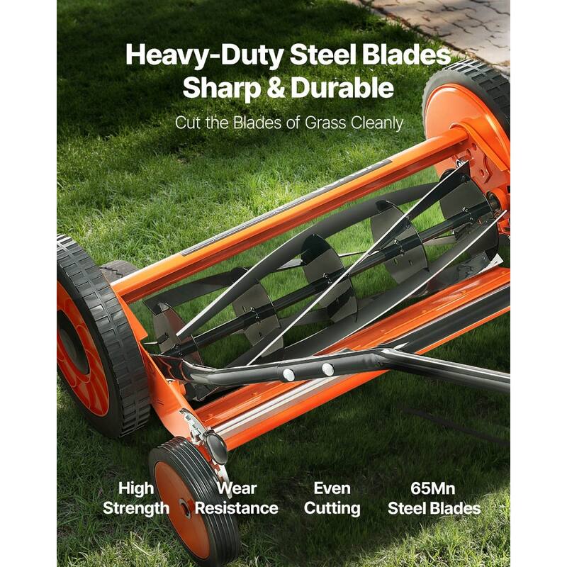 Black-Orange 18 inch Push Lawn Mower with 5 Steel Blades, Adjustable Height and Grass Catcher - 51.18 x 24.21 x 9.65 inches