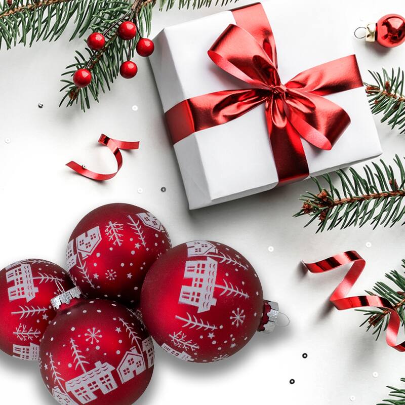 4 Red Matte Glass Ball Hanging Christmas Decorations 3.2 Inch (80mm)
