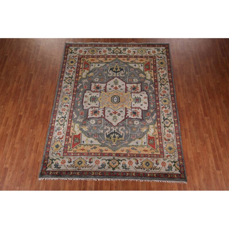 Geometric Heriz Serapi Area Rug Hand-Knotted Grey Wool Carpet - 7'11"x 10'1"