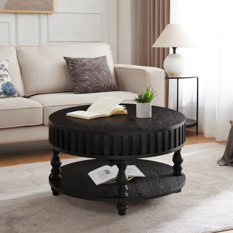 Farmhouse 31.49" Round Coffee Table with Storage and Flip-Top Lids for Rustic Living Room Organization and Style - Black