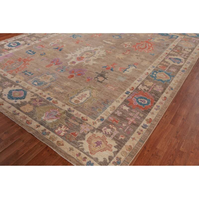 Hand Knotted Oriental 100% Wool Carpet Transitional All-Over Brown Oushak Area Rug - 12' 4'' X 9' 5''