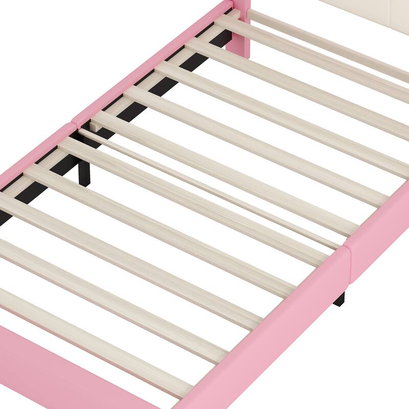 Cute Girl Princess Bed with Crown Headboard, PU Upholstered Platform Bed, Wood Panel Bed Low Profile Bed