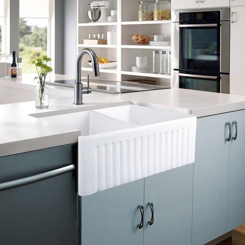 CB HOME 30"/33" Modern Farmhouse 50/50 Kitchen Sink, Ceramic Double Bowl Black/White Farmhouse Sink with Apron Front