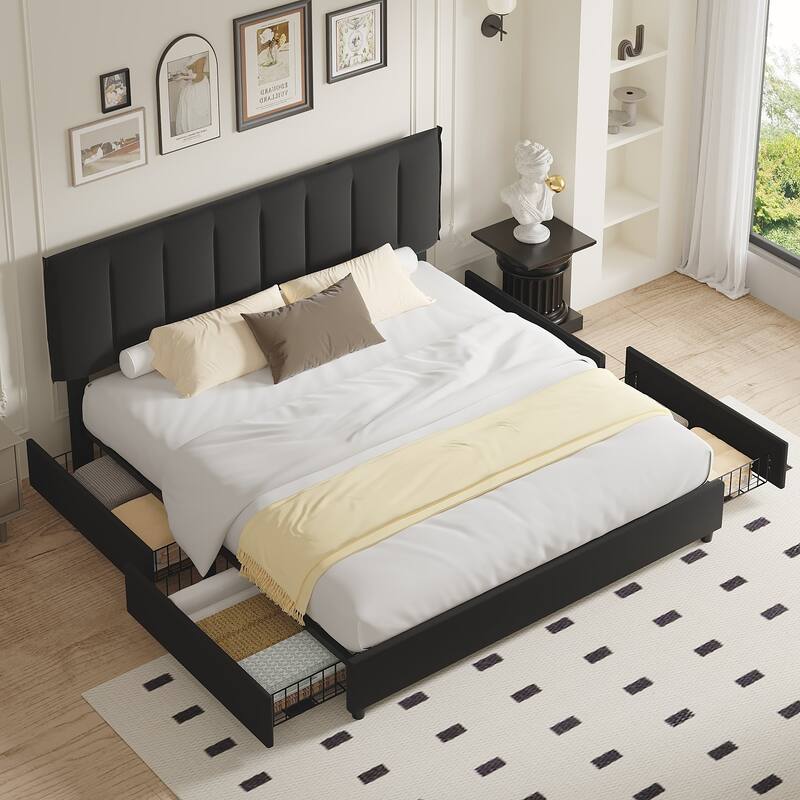 Black Bed Frame with 4 Storage Drawers, Upholstered Platform Bed Frame with Adjustable Headboard