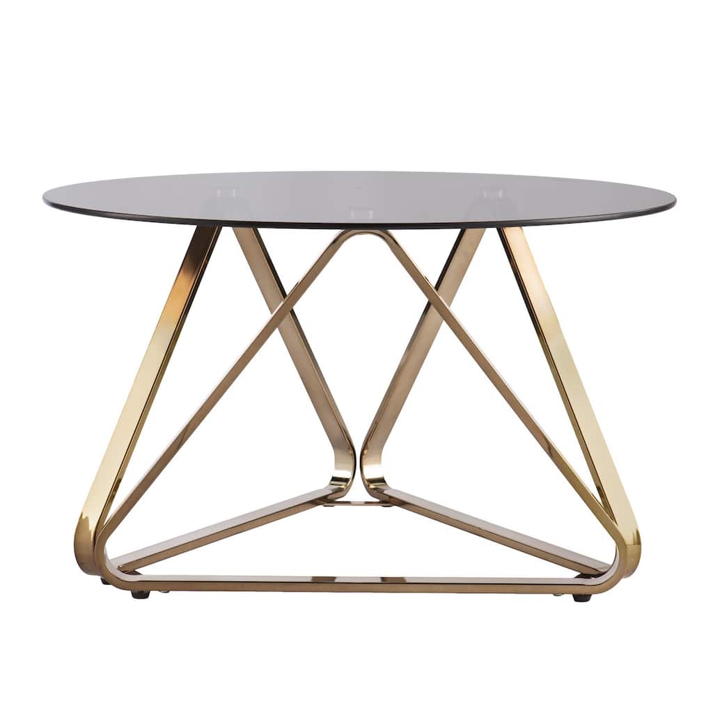 31" Contemporary Smoky Black Glass Coffee Table with Gold Geometric Metal Legs and Round Design - 31.25”L x 31.25”W x 18.25”H