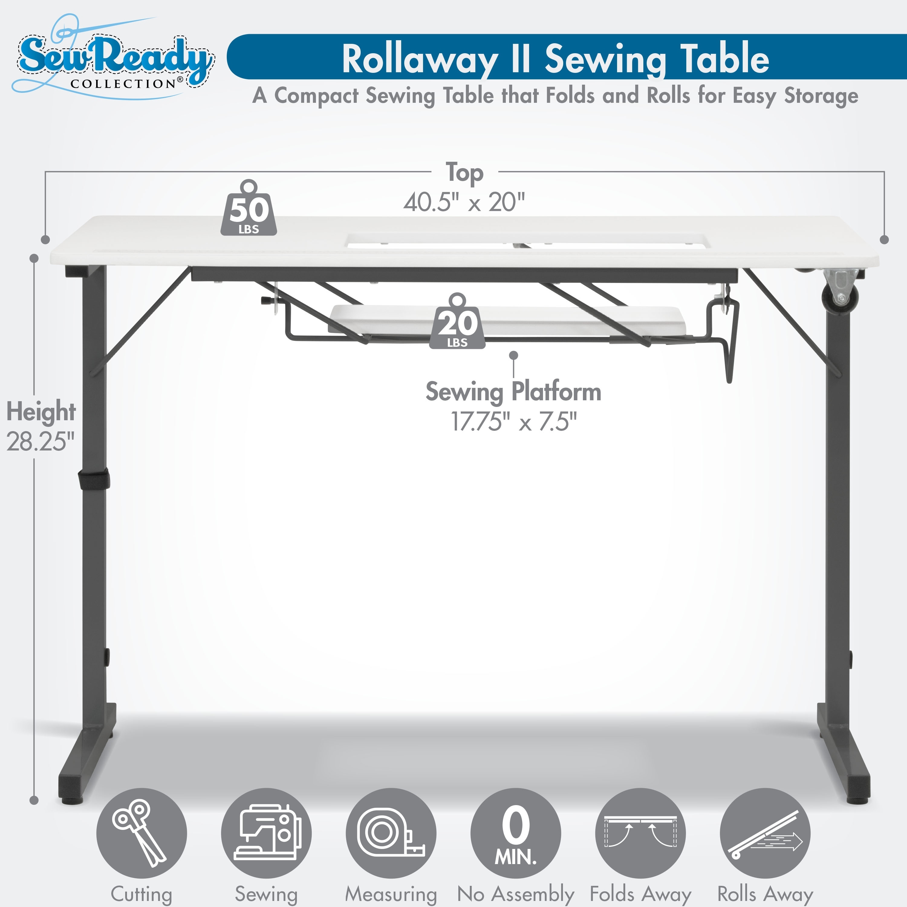 Sew Ready Rollaway II Sewing Table Silver/White Portable Folding