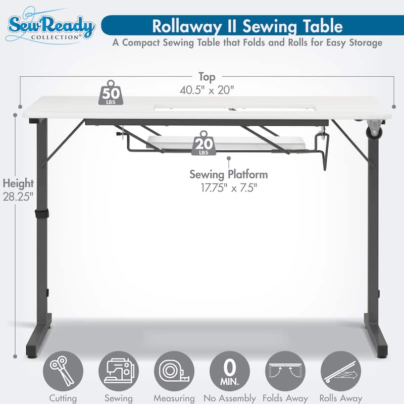 Sew Ready Rollaway II Sewing Table Silver/White Portable Folding Rolling.