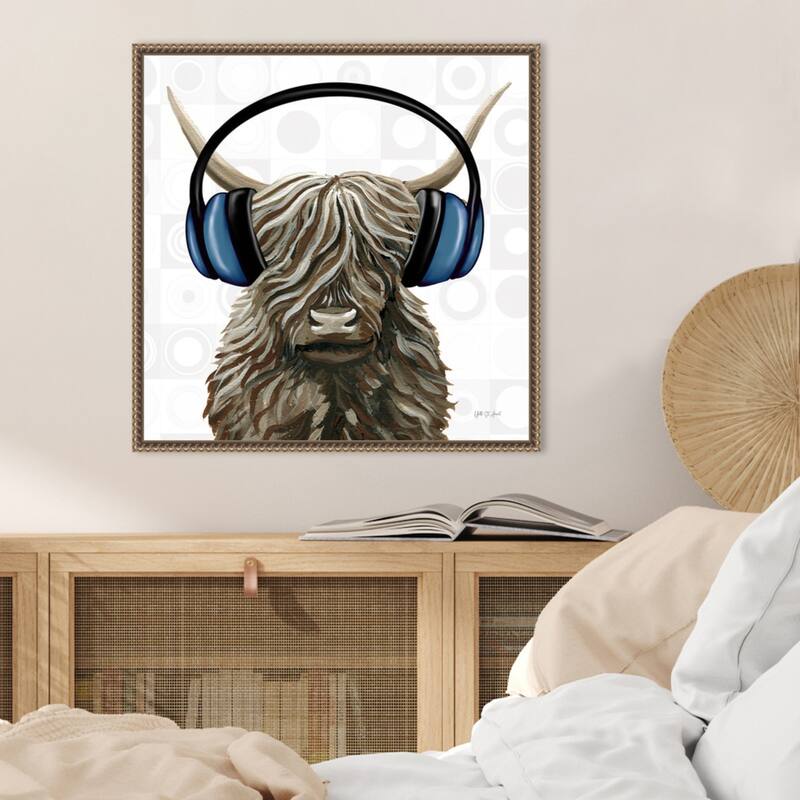 Music Cow Blue Crop by Yvette St. Amant Framed Canvas Wall Art Print - Sylvie Beaded Bronze