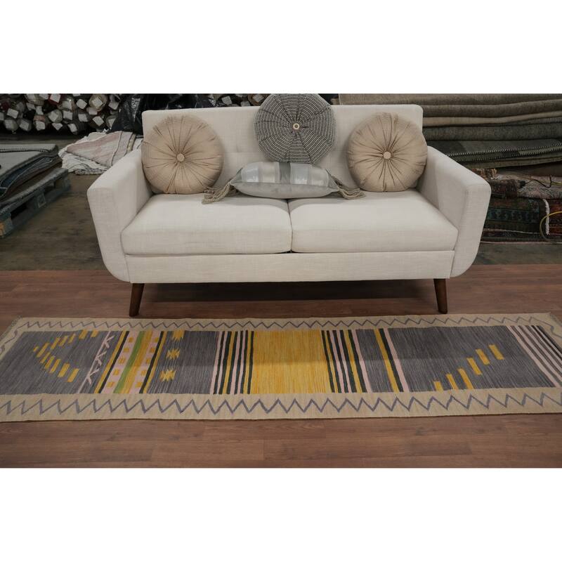 Hand Woven Oriental 100% Wool Carpet Southwestern Tribal Purples Kilim Runner Rug - 8' 0'' X 2' 1''