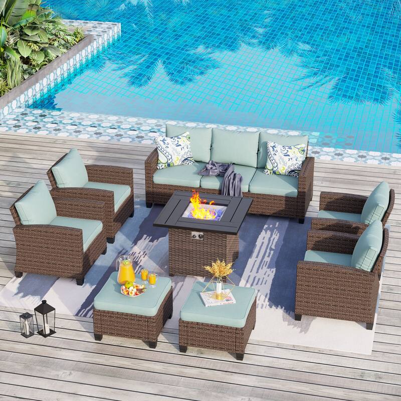7/9-Seat Patio Furniture Wicker Rattan Outdoor High-back Sectional Sofa Conversation Set with Firepit Table