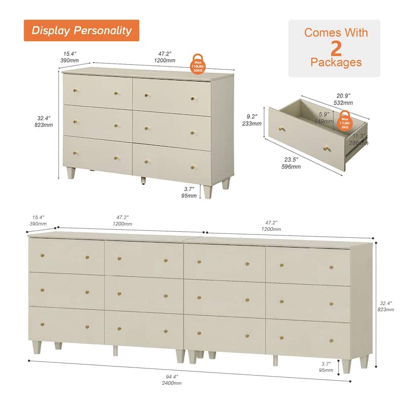 6 Drawers Dresser for Bedroom, Wooden Wide Chest of Drawers