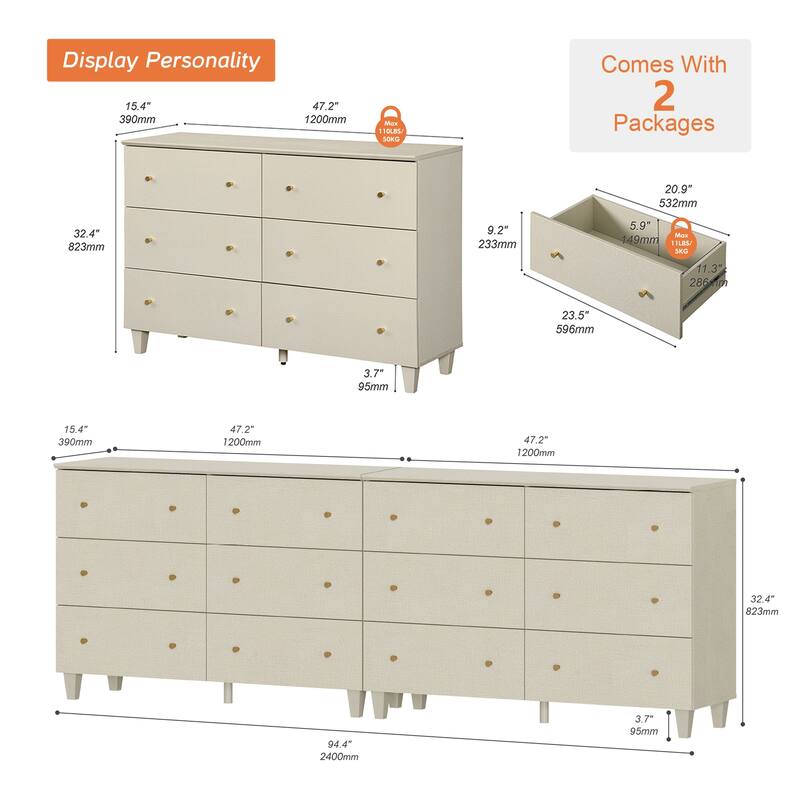 WAMPAT 12-Drawer Dresser and Nightstands Set of 3 for Bedroom