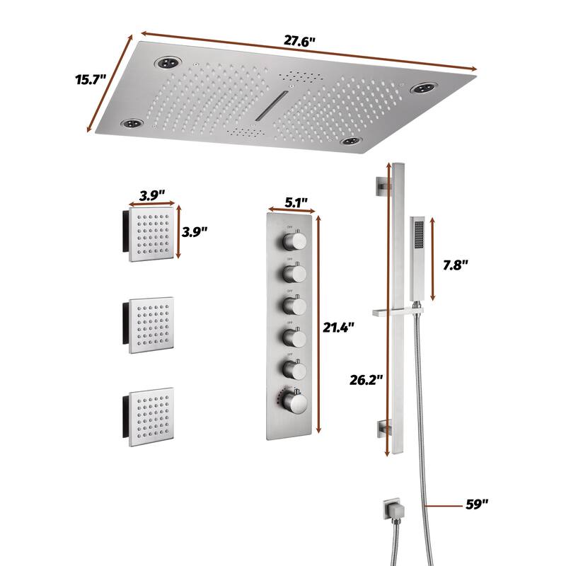 Luxury 5-Spray Patterns 28 in. Ceiling Mount Shower System with Handheld Shower Head, 3 Body Jets, LED, and Music - 16" x 28"