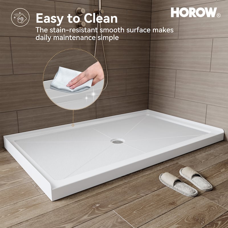 HOROW 60 x 36 Inch Alcove Shower Pan Base in White with Center Drain