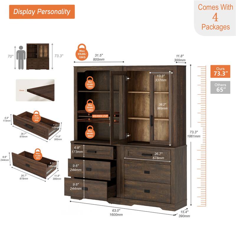 3 Tier Bookcase with Drawer,73.3" Tall Floor Standing Bookshelf