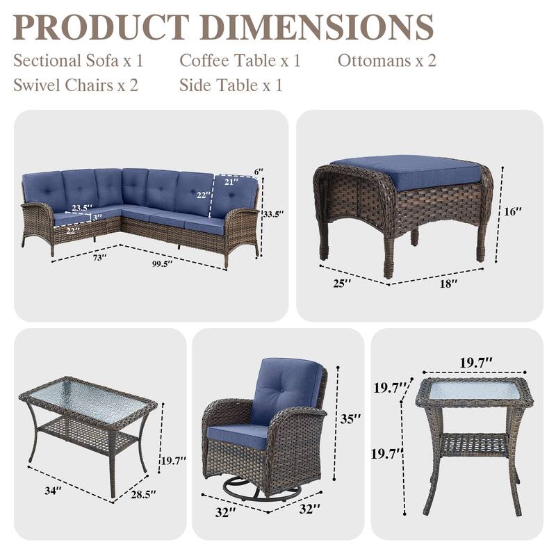 Patio Sectional Sofa with Swivel Chairs Ottomans Set
