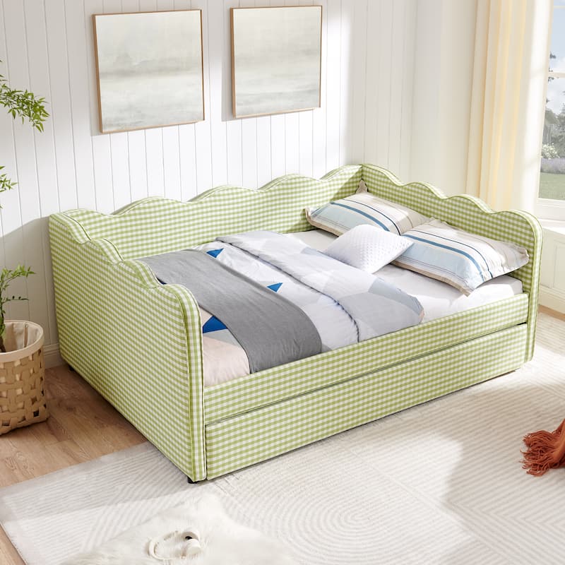 Full Size Gingham Daybed with Twin Trundle, USB Port, Wave Shaped Design & Linen Fabric - No Box Spring Needed