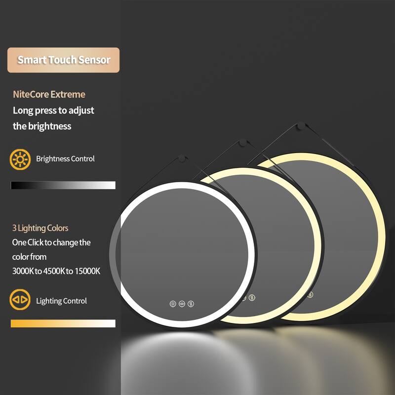 Round Black Framed Bathroom Mirrors Vanity Lighting with Microfiber Leather Hanging Strap