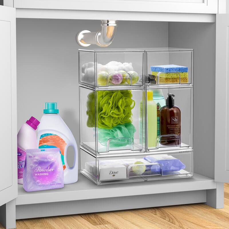 Sorbus Acrylic Storage Containers with Pull-Out Drawers - 5 Pack, 3 Sizes Clear Stackable Storage Bins Set - 7.6 x 6 x7.5 in