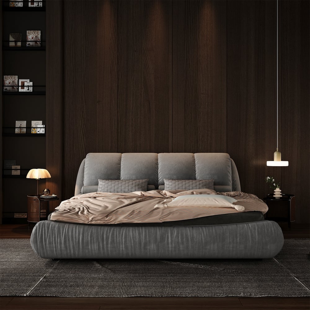 Luxury Upholstered Bed with Oversized Padded Backrest, Queen Size Platform Bed with Thickening Pine Wood Slats for Adult Bedroom